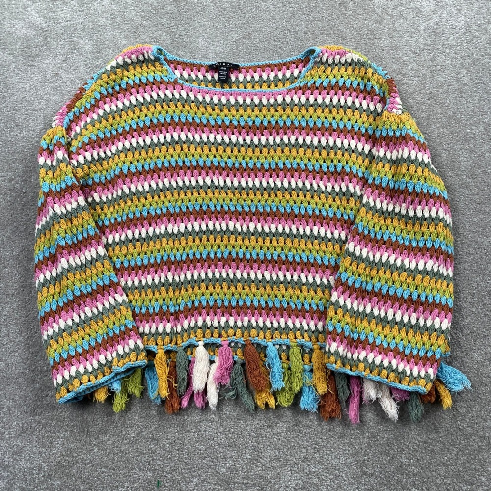 Tribal Crochet Sweater Womens Medium Multi Color Striped Tassel Fringe Boho
